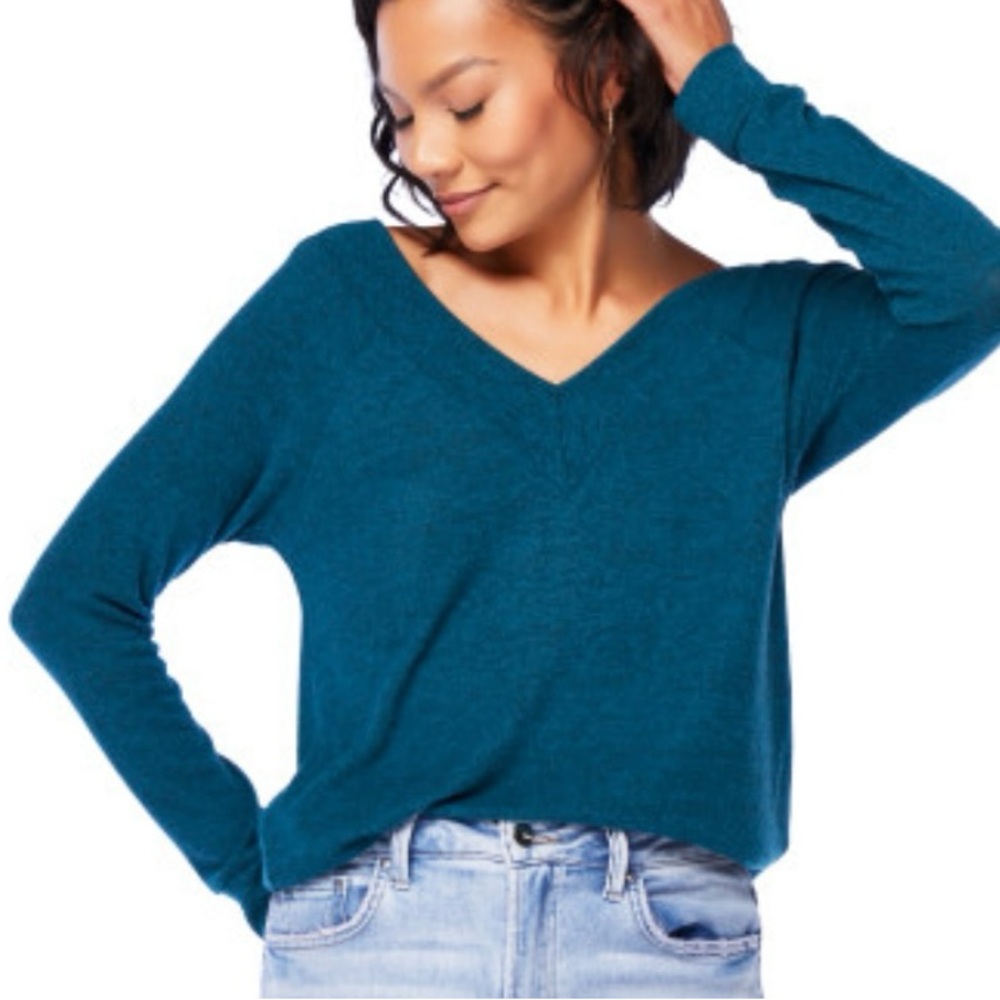 NWT Brushed Hacci Raglan Teal Ink Blue V-Neck Knit Tunic Sweater XL